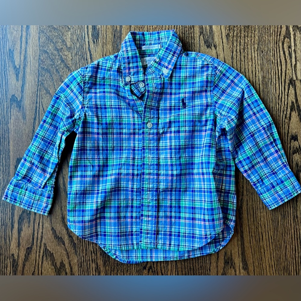 Ralph Lauren Baby Boy 18M Natural Stretch Plaid Button Down Dress Shirt